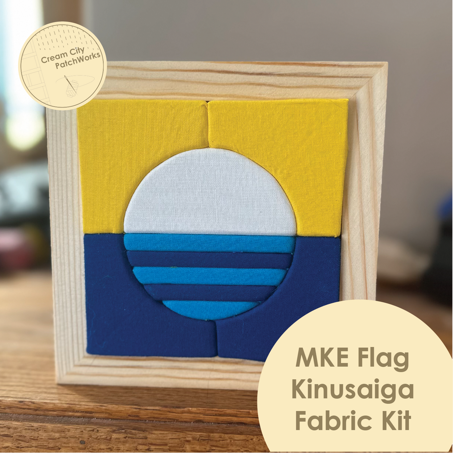 MKE Flag Kinusaiga Fabric Kit with wooden frame on a blurred background