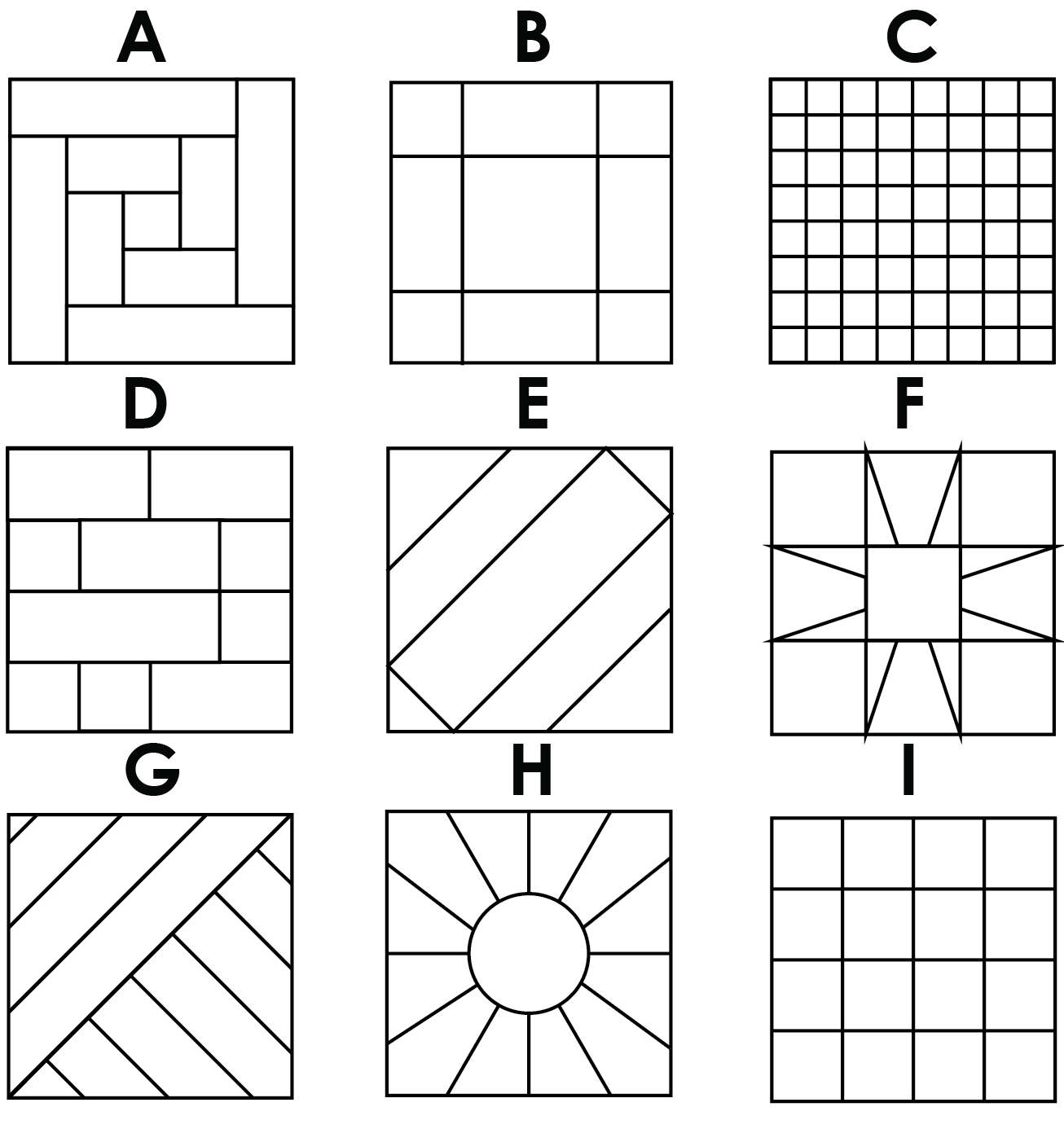 Set of geometric grid patterns labeled A to I on a white background