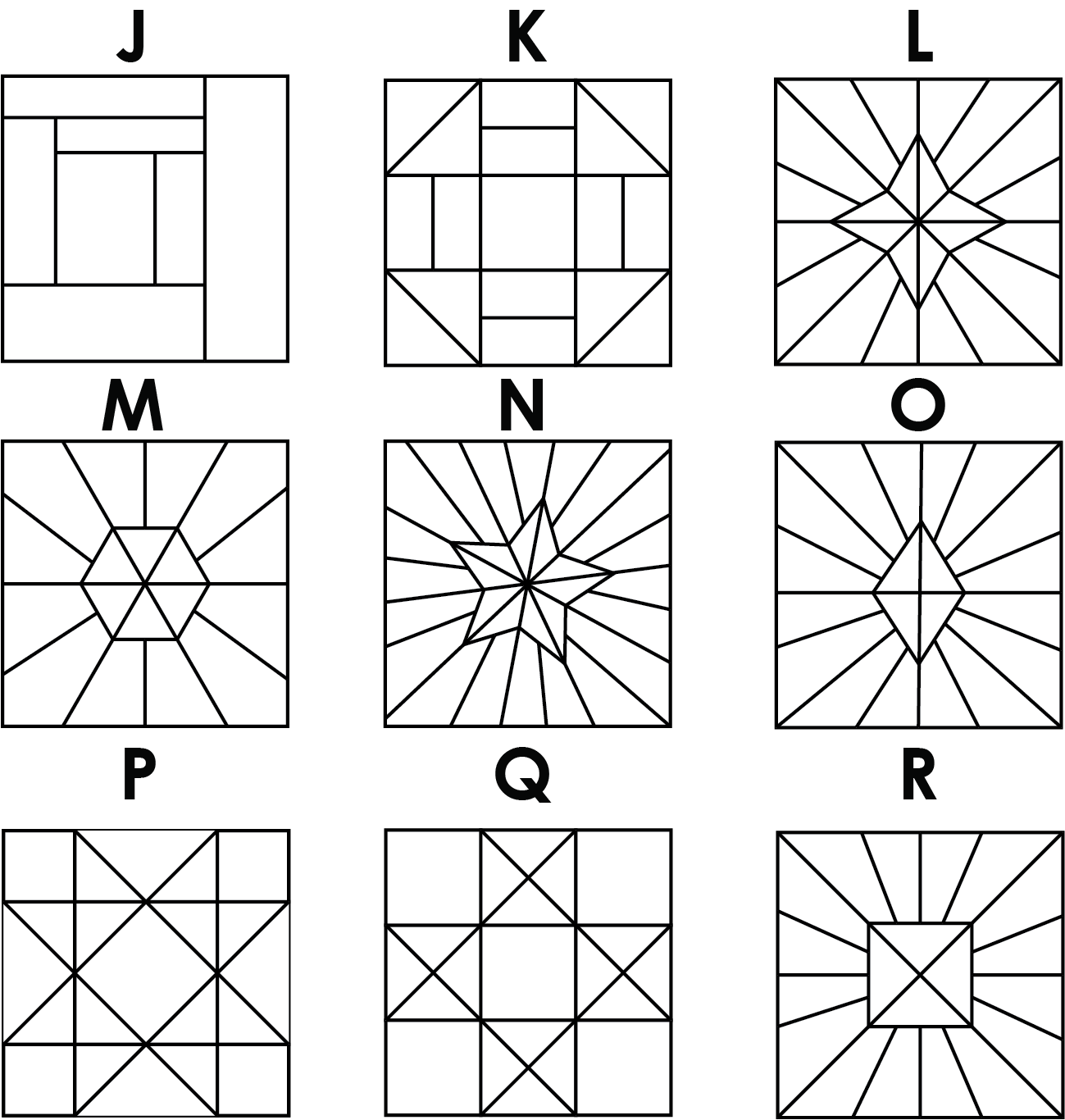 Grid of geometric pattern designs labeled from J to R.